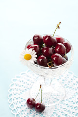Fresh cherries in crystal vase  on blue background