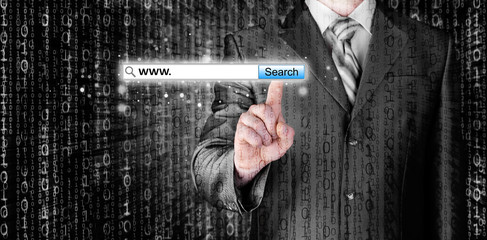 Businessman pushing virtual search bar