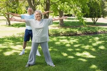 Obraz premium Portrait of mature couple stretching hands at park