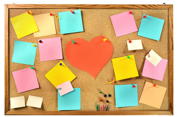 Editable blank paper notes and office supplies on message board.