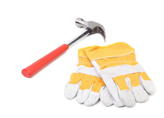 Construction gloves and hammer.