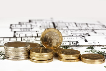 EURO coins with construction plan