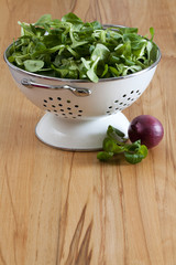 Frischer Feldsalat in einem weißen Seiher