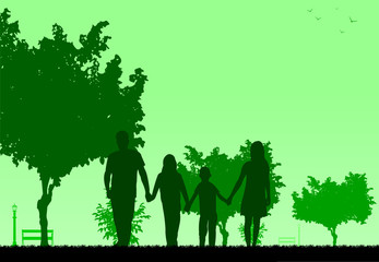 Naklejka na ściany i meble Family walking in park in spring silhouette