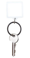 one steel key and square keychain on ring