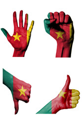 hands with multiple gestures (open palm, closed fist, thumbs up