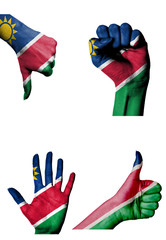 hands with multiple gestures (open palm, closed fist, thumbs up