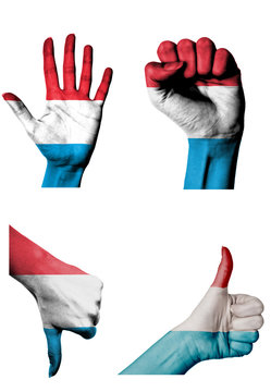 hands with multiple gestures (open palm, closed fist, thumbs up