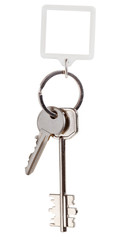 two door keys and square keychain on ring