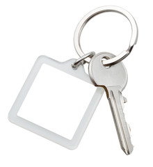 one door key and square keychain on ring