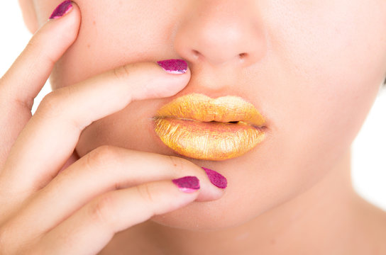 close up neon bright yellow fashion lips