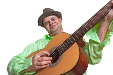 Guitarist playing guitar and smiling isolated