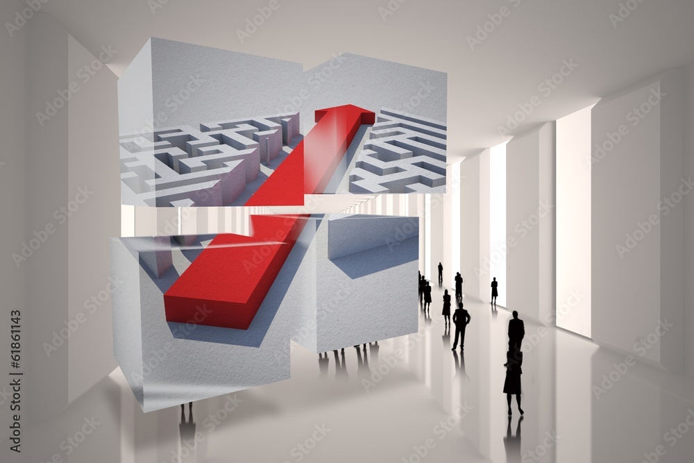 Poster Composite image of arrow through maze on abstract screen