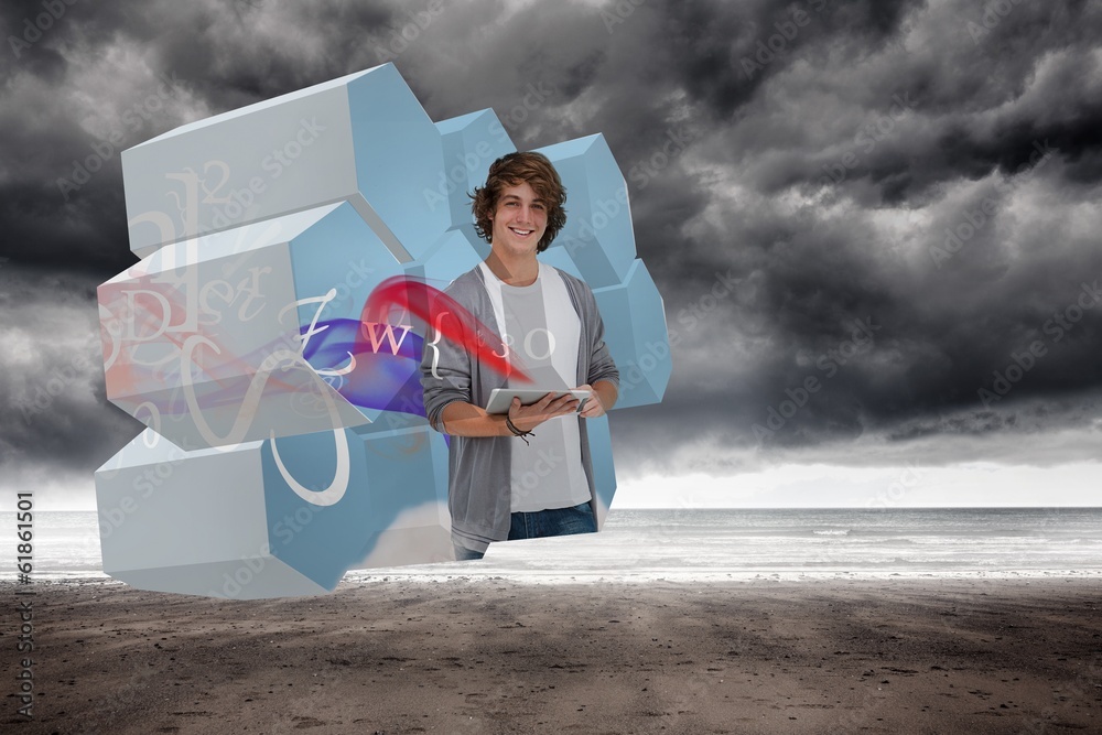 Poster Composite image of student with tablet on abstract screen