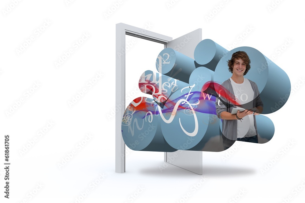 Poster Composite image of student with tablet on abstract screen