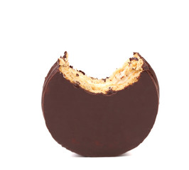 Bitten biscuit sandwich with chocolate.