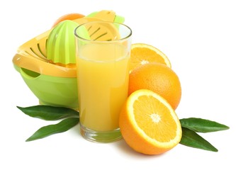 Citrus press and oranges isolated on white