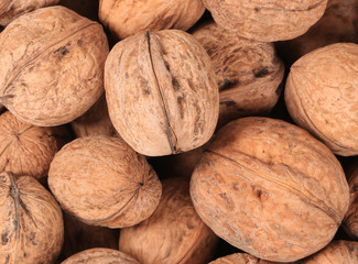 Bunch of walnuts whole. Close up.