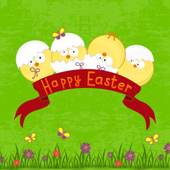 Happy Easter card template, basket with  eggs