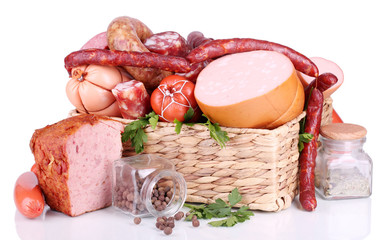 Lot of different sausages in basket isolated on white