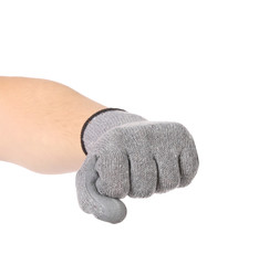Strong male worker hand glove clenching fist.