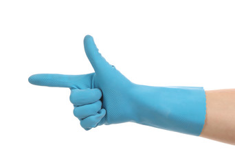 Hand in work glove like a gun.