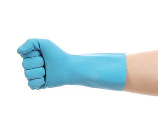 Hand in latex glove as fist.