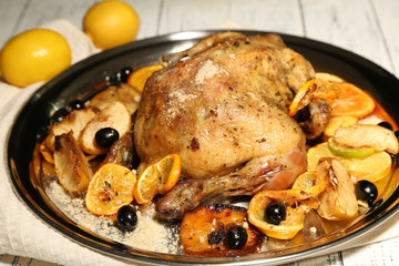 Whole roasted chicken with vegetables