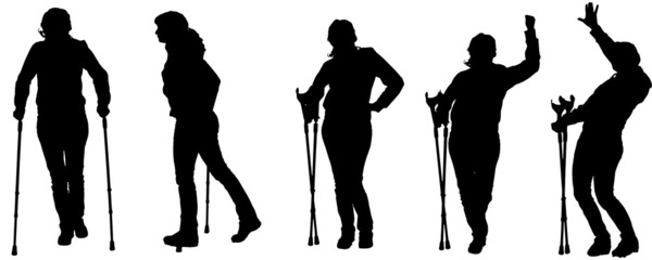 Vector silhouettes of people with crutches.