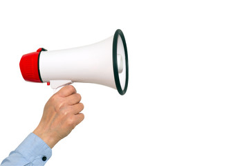 Megaphone with female hand on white background