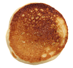 Top view of a stack of plain pancakes on a white background.