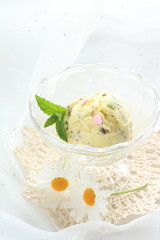 Vanilla ice cream with flower on background