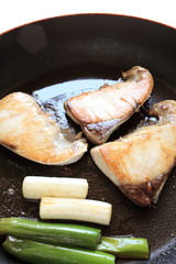 japanese cooking, Yellow tail on pan with teriyaki sauce