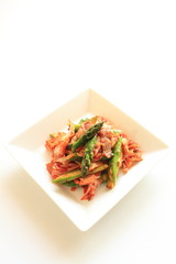 Korean food, Kimchi and pork stir fried with asparagus