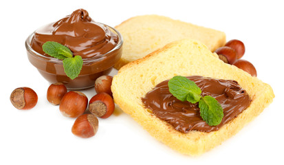 Bread with sweet chocolate hazelnut spread isolated on white