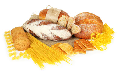 Tasty flour products isolated on white