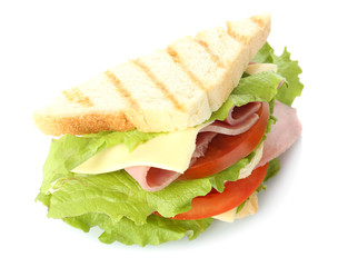 Tasty sandwich with ham, isolated on white