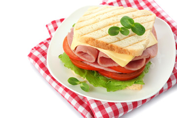 Tasty sandwich with ham, isolated on white