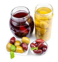 Black and green olives, isolated on white