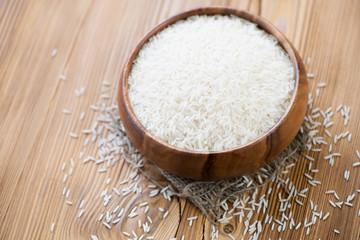 Basmati rice in a wooden bowl, horizontal shot