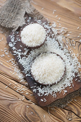Above view of raw basmati rice over wooden background