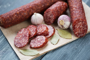 Italian salami, close-up, horizontal shot