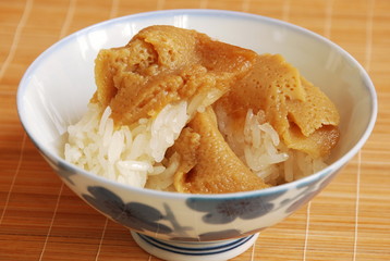 Egg custard with sweet sticky rice, exotic Thai sweet