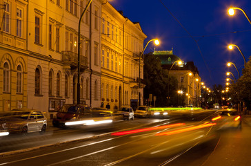 Fototapeta na wymiar Transport on Vltava Embankment at night , Prague