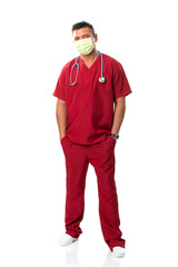 Handsome young doctor with mouth mask, stethoscope .
