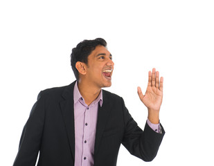 indian business man shouting words with white background