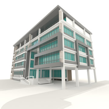 Side of 3D condominium exterior design in white background