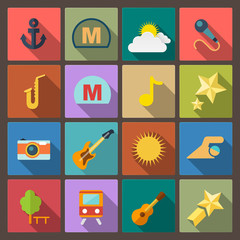 set of sixteen entertainment icons in flat design style