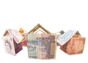 Houses made from various countries currency