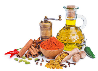 still life with spices and olive oil isolated on white